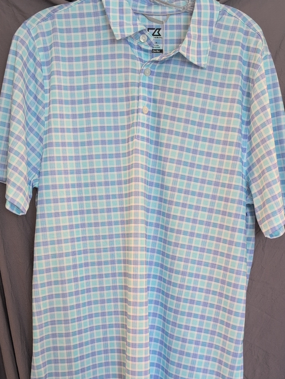 Cutter & Buck Men's Pastel Blue and White Plaid Polo
